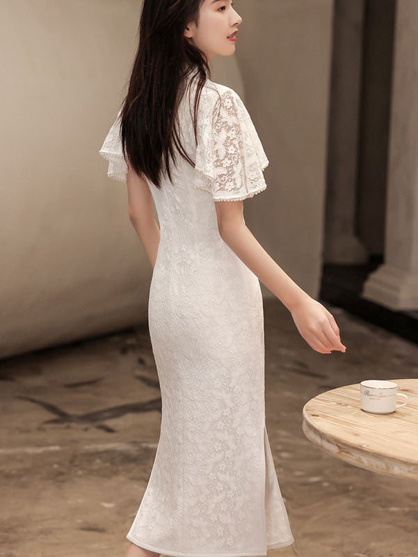 White Red Lace Wedding Cheongsam QiPao with Flutter Sleeve