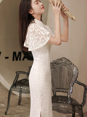 White Red Lace Wedding Cheongsam QiPao with Flutter Sleeve