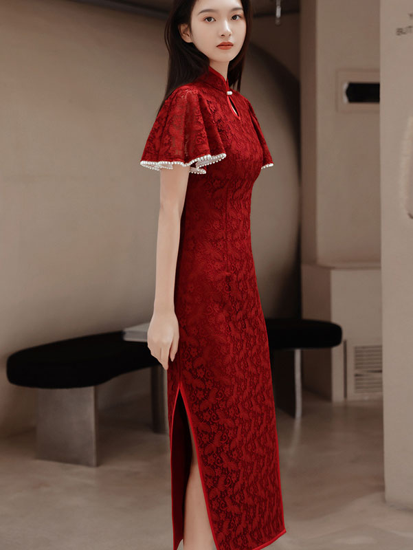 White Red Lace Wedding Cheongsam QiPao with Flutter Sleeve