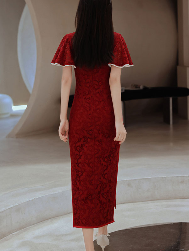 White Red Lace Wedding Cheongsam QiPao with Flutter Sleeve