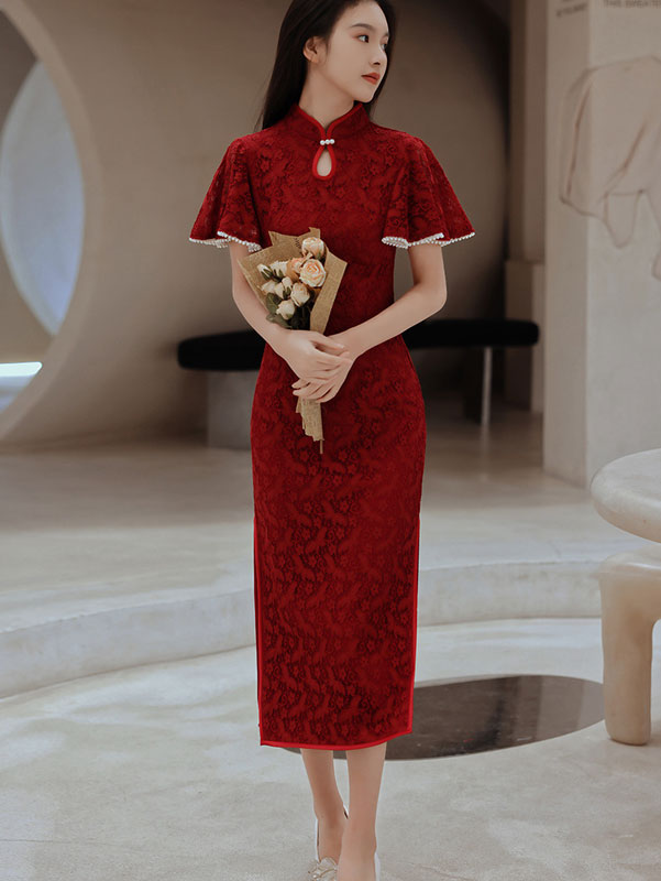 White Red Lace Wedding Cheongsam QiPao with Flutter Sleeve