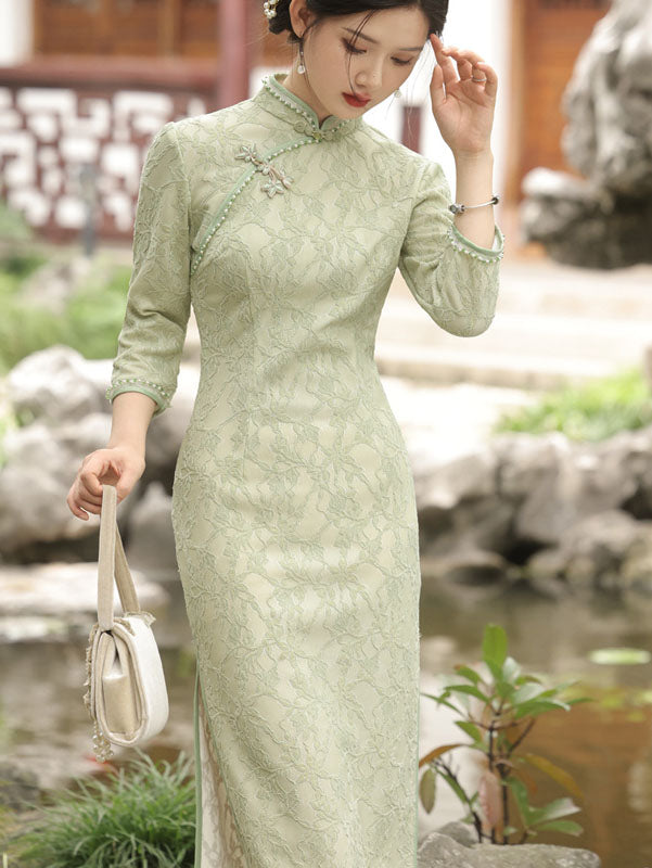 Green Floral Lace Mid Qi Pao Cheongsam Dress