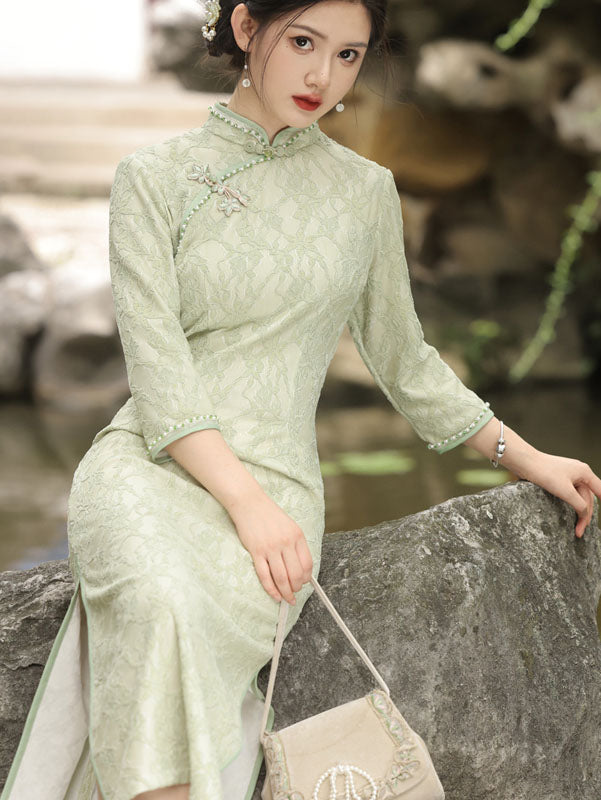 Green Floral Lace Mid Qi Pao Cheongsam Dress