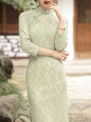 Green Floral Lace Mid Qi Pao Cheongsam Dress