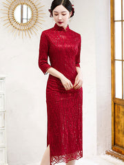 Red Sequined Lace Mothers Qipao Cheongsam Dress