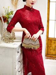 Red Sequined Lace Mothers Qipao Cheongsam Dress