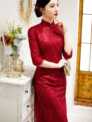 Red Sequined Lace Mothers Qipao Cheongsam Dress