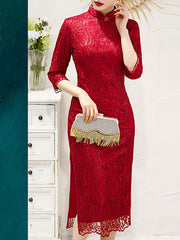 Red Sequined Lace Mothers Qipao Cheongsam Dress