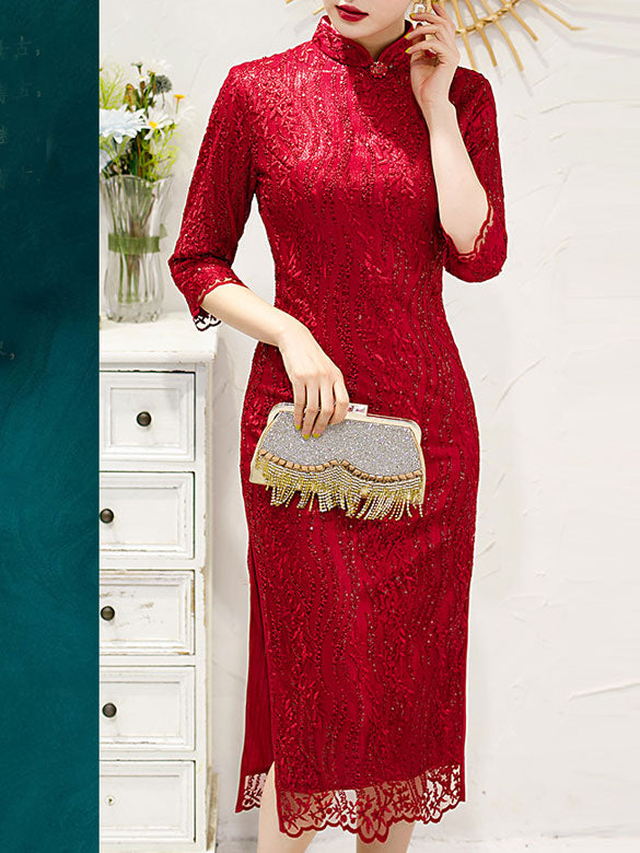 Red Sequined Lace Mothers Qipao Cheongsam Dress