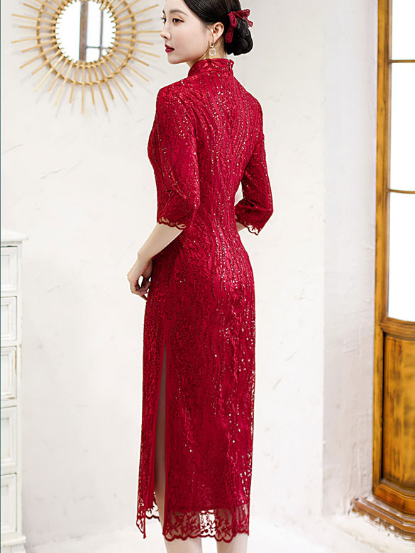 Red Sequined Lace Mothers Qipao Cheongsam Dress