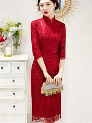 Red Sequined Lace Mothers Qipao Cheongsam Dress