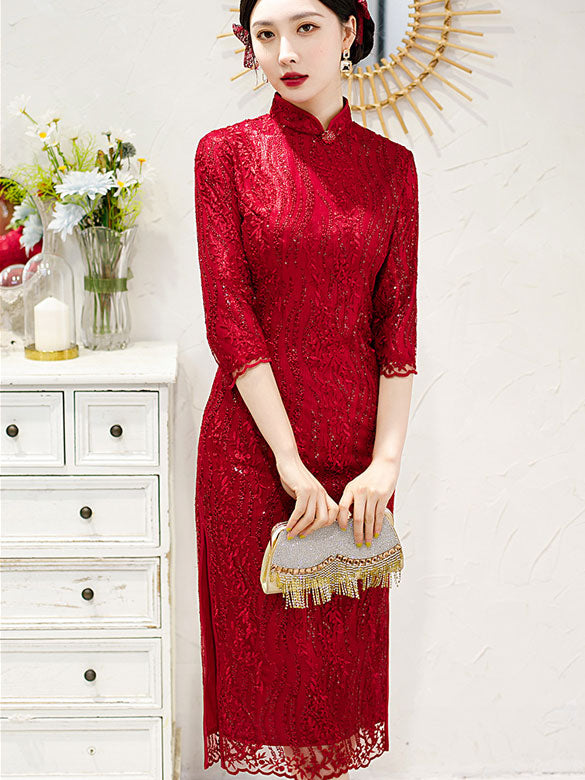 Red Sequined Lace Mothers Qipao Cheongsam Dress