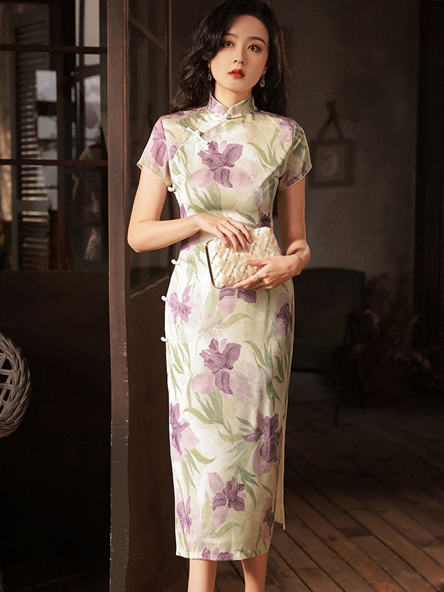 Purple Floral Print Mid Tea Cheongsam Qipao Dress