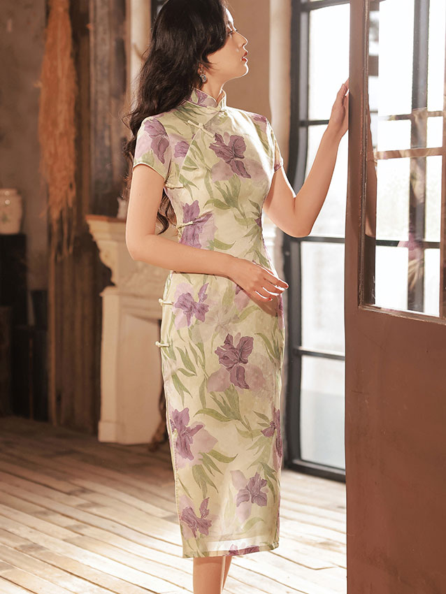 Purple Floral Print Mid Tea Cheongsam Qipao Dress