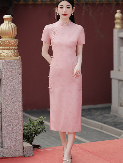 Pink Bamboo Print Midi Cheongsam Qipao Dress