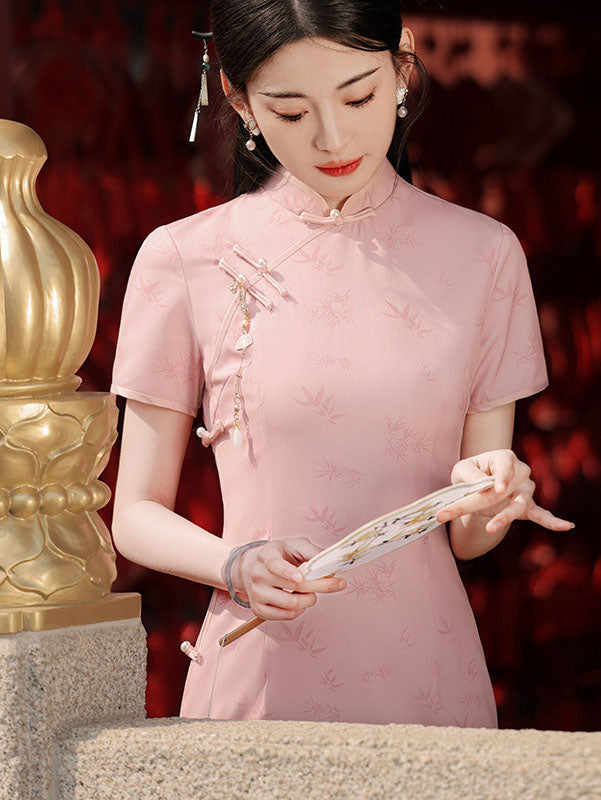 Pink Bamboo Print Midi Cheongsam Qipao Dress