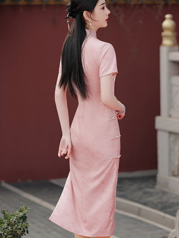 Pink Bamboo Print Midi Cheongsam Qipao Dress
