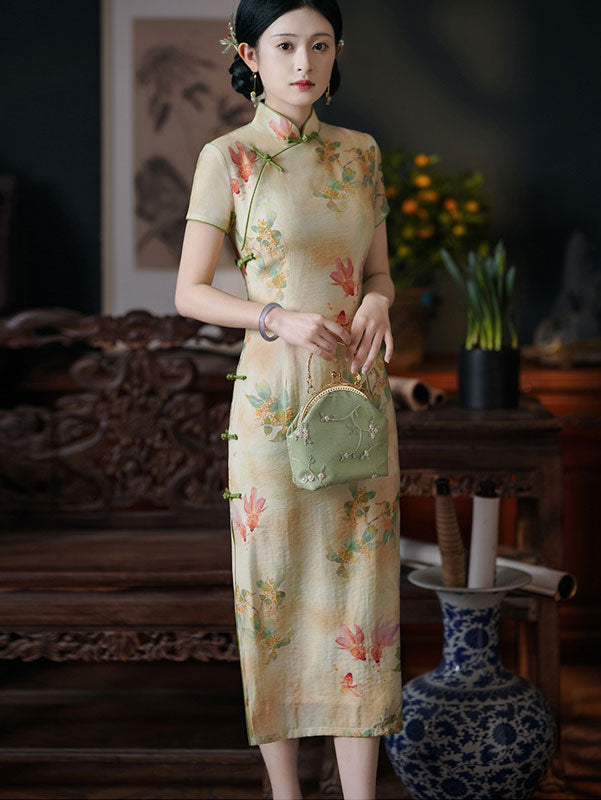 2023 Chinese Painting Print Mid Qipao Cheongsam Dress