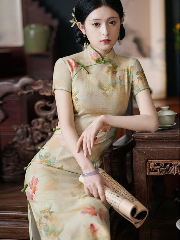 2023 Chinese Painting Print Mid Qipao Cheongsam Dress