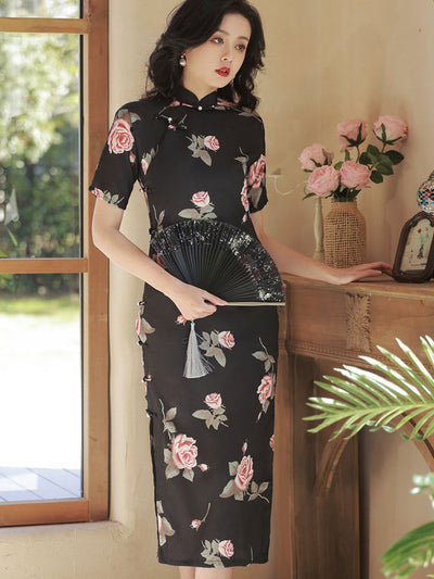 2023 Black Rose Print Chiffon Cheongsam Qipao Dress