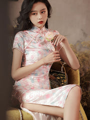 Pink Plaid Midi Qipao Cheongsam Dress