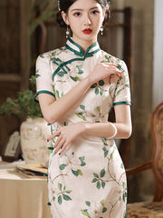 2023 White Gardenia Print Midi Qipao Cheongsam Dress