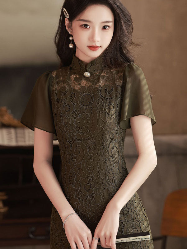 Black Floral Lace Midi Cheongsam Qipao Dress