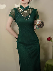 Green Lace Illusion Shoulder Cheongsam Qipao Dress