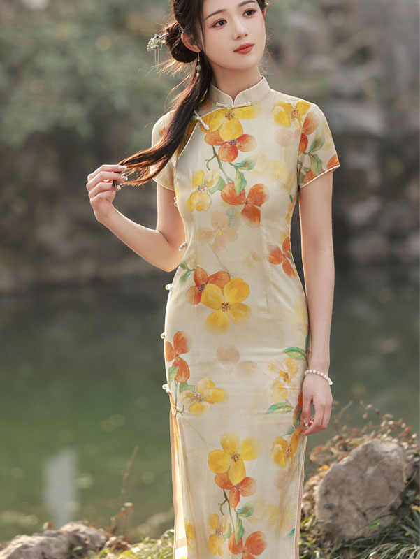 2023 Floral Linen Midi Cheongsam Qipao Dress