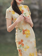 2023 Floral Linen Midi Cheongsam Qipao Dress
