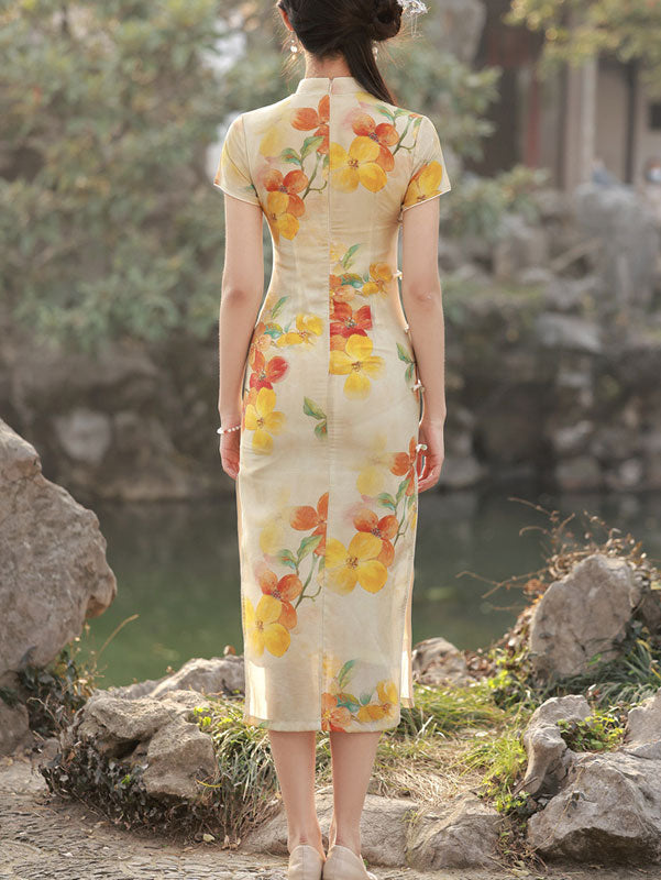 2023 Floral Linen Midi Cheongsam Qipao Dress