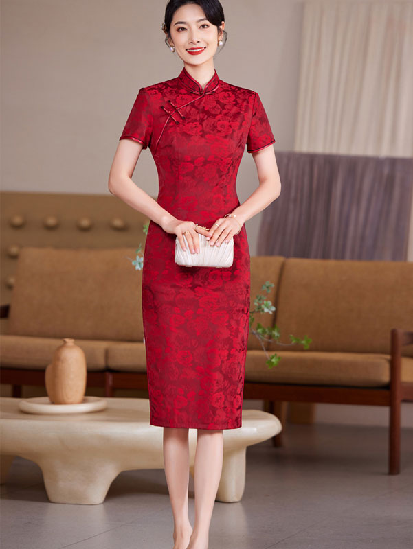 Blue Red Floral Bride Mothers Wedding Qipao Cheongsam Dress