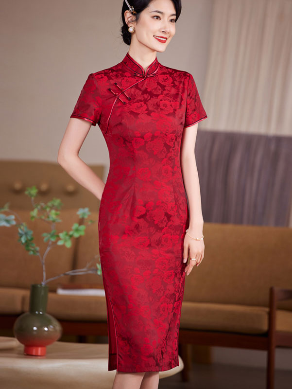 Blue Red Floral Bride Mothers Wedding Qipao Cheongsam Dress