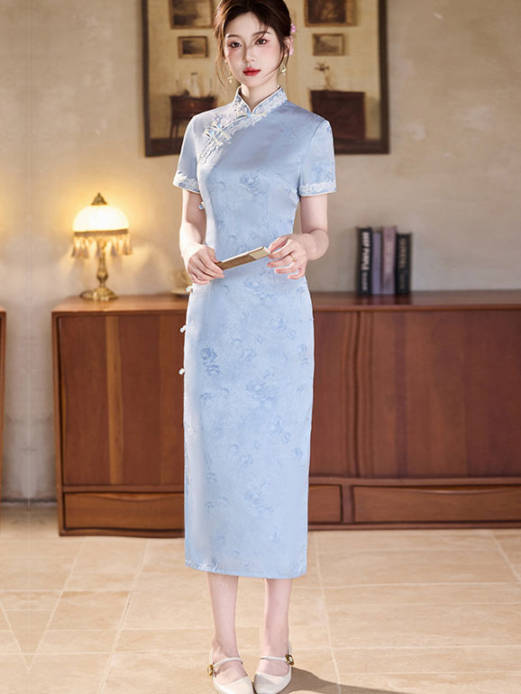 2023 Blue Jacquard Midi Cheongsam Qipao Dress