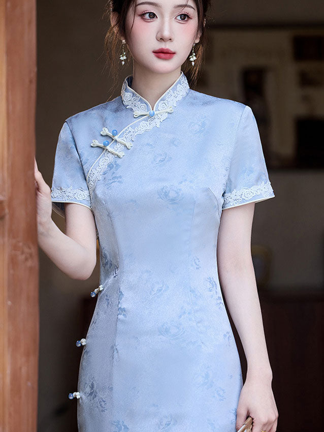 2023 Blue Jacquard Midi Cheongsam Qipao Dress