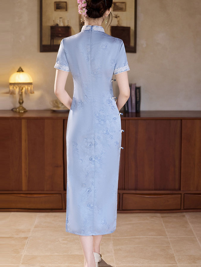 2023 Blue Jacquard Midi Cheongsam Qipao Dress