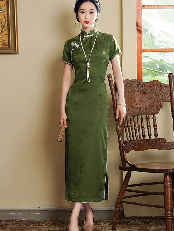 2023 Green Jacquard Maxi Cheongsam Qipao Dress