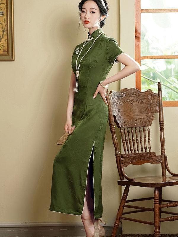 2023 Green Jacquard Maxi Cheongsam Qipao Dress