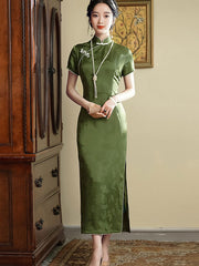 2023 Green Jacquard Maxi Cheongsam Qipao Dress