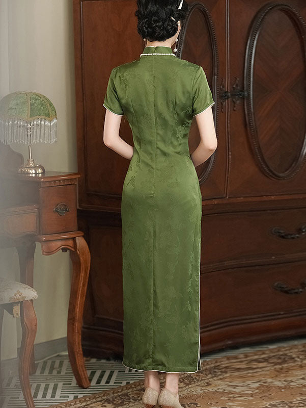 2023 Green Jacquard Maxi Cheongsam Qipao Dress
