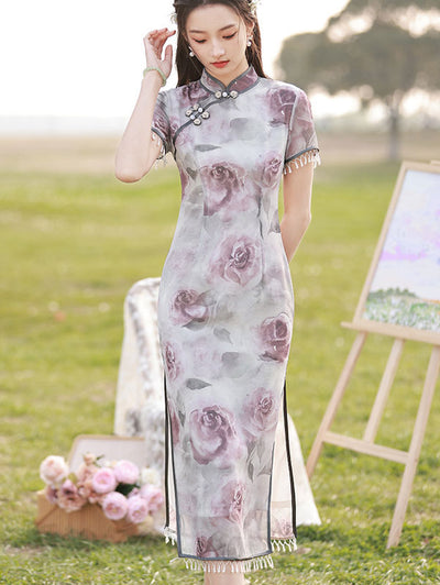 Purple Rose Print Midi Cheongsam Qipao Dress