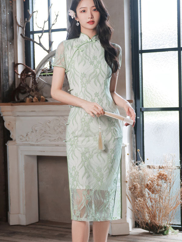 Green Yellow Floral Lace Midi Qipao Cheongsam Dress