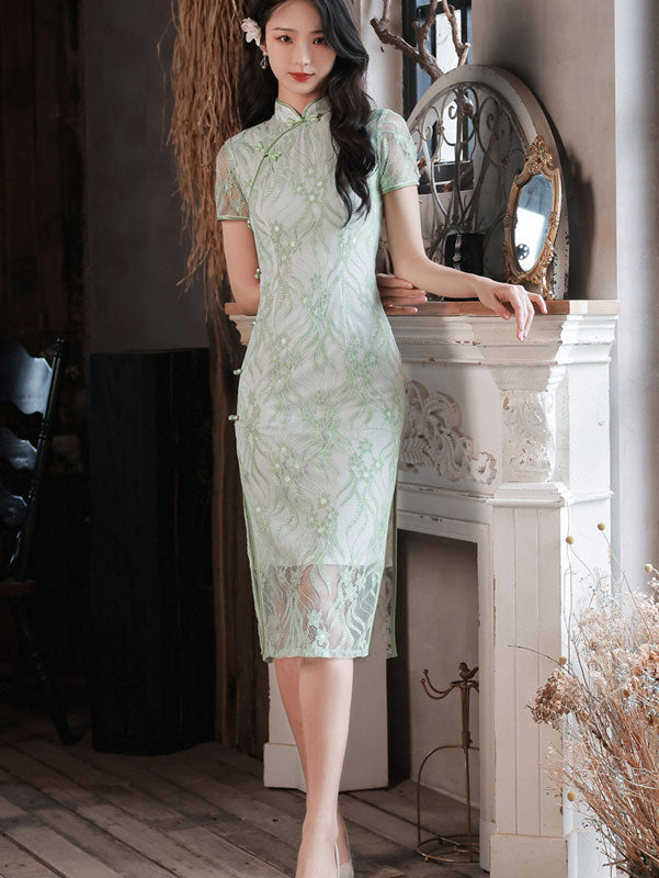 Green Yellow Floral Lace Midi Qipao Cheongsam Dress