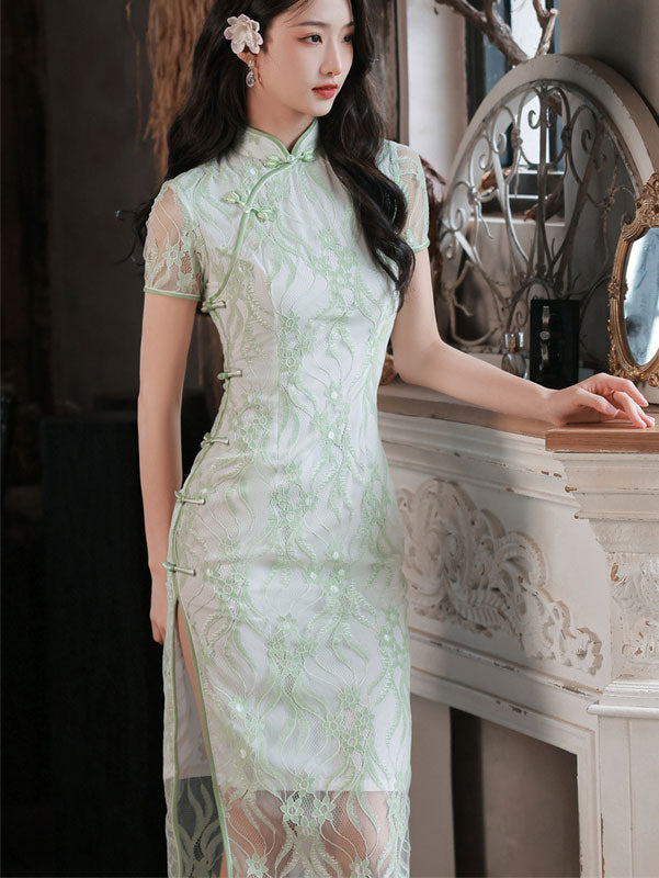 Green Yellow Floral Lace Midi Qipao Cheongsam Dress