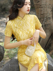 Green Yellow Floral Lace Midi Qipao Cheongsam Dress