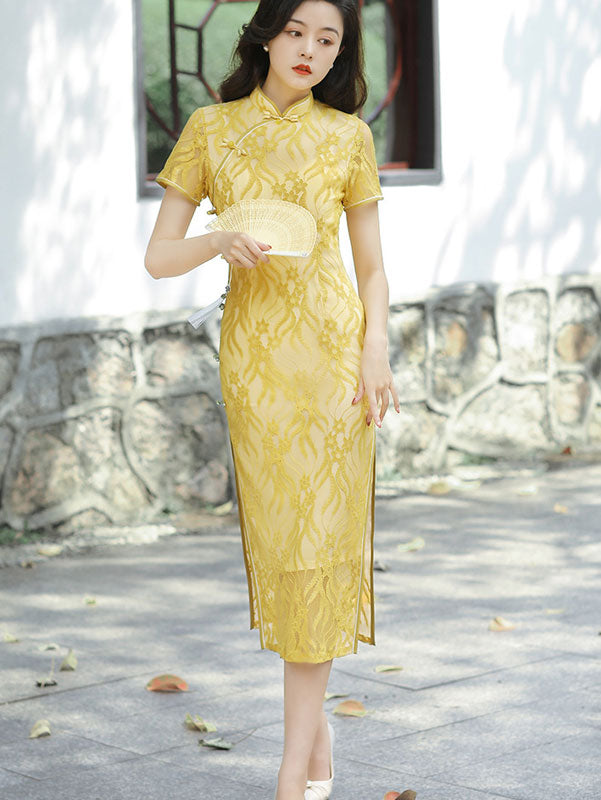 Green Yellow Floral Lace Midi Qipao Cheongsam Dress