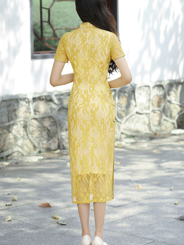 Green Yellow Floral Lace Midi Qipao Cheongsam Dress