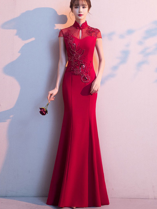 2023 Burgundy Fishtail Bride Qipao Cheongsam Wedding Dress