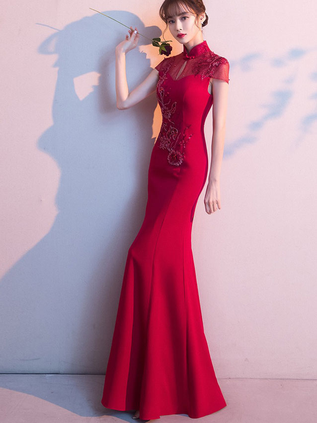 2023 Burgundy Fishtail Bride Qipao Cheongsam Wedding Dress