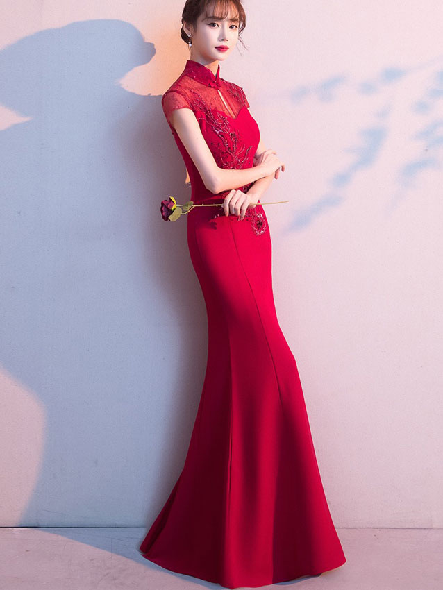 2023 Burgundy Fishtail Bride Qipao Cheongsam Wedding Dress